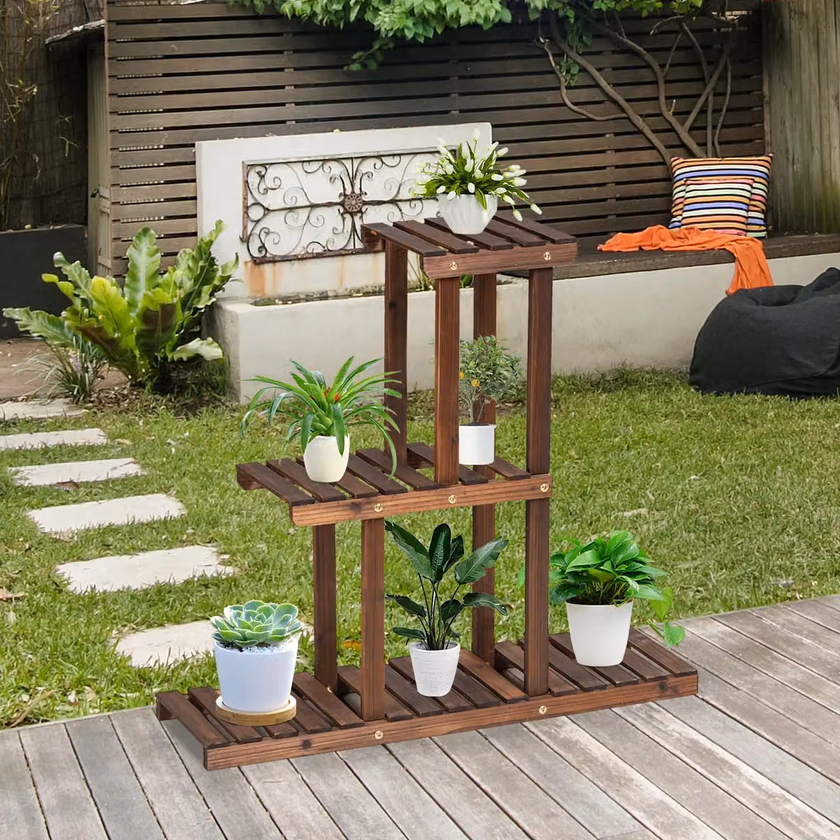 Costway 3-Tier Solid Wood Plant Stand in Brown for Indoor and Outdoor Use – 2