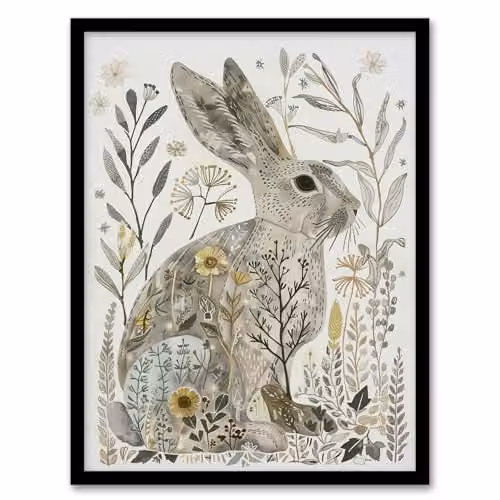 Artery8 Bunny Rabbit and Flowers Folk Art Framed Wall Art Print, Grey and Yellow, A4 – 1
