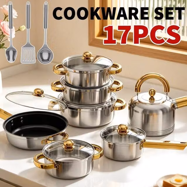 EONLION 17-Piece Non-Stick Induction Stainless Steel Cookware Set in Silver – 1