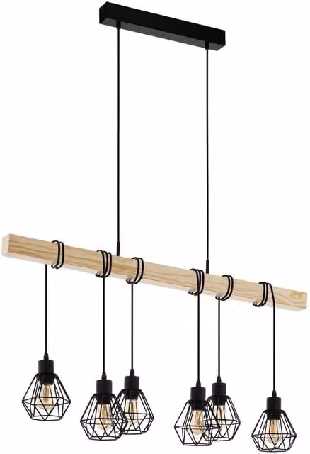 Loops Industrial Black Cage and Wood Hanging Ceiling Pendant Light for Kitchen Islands, 6x E27