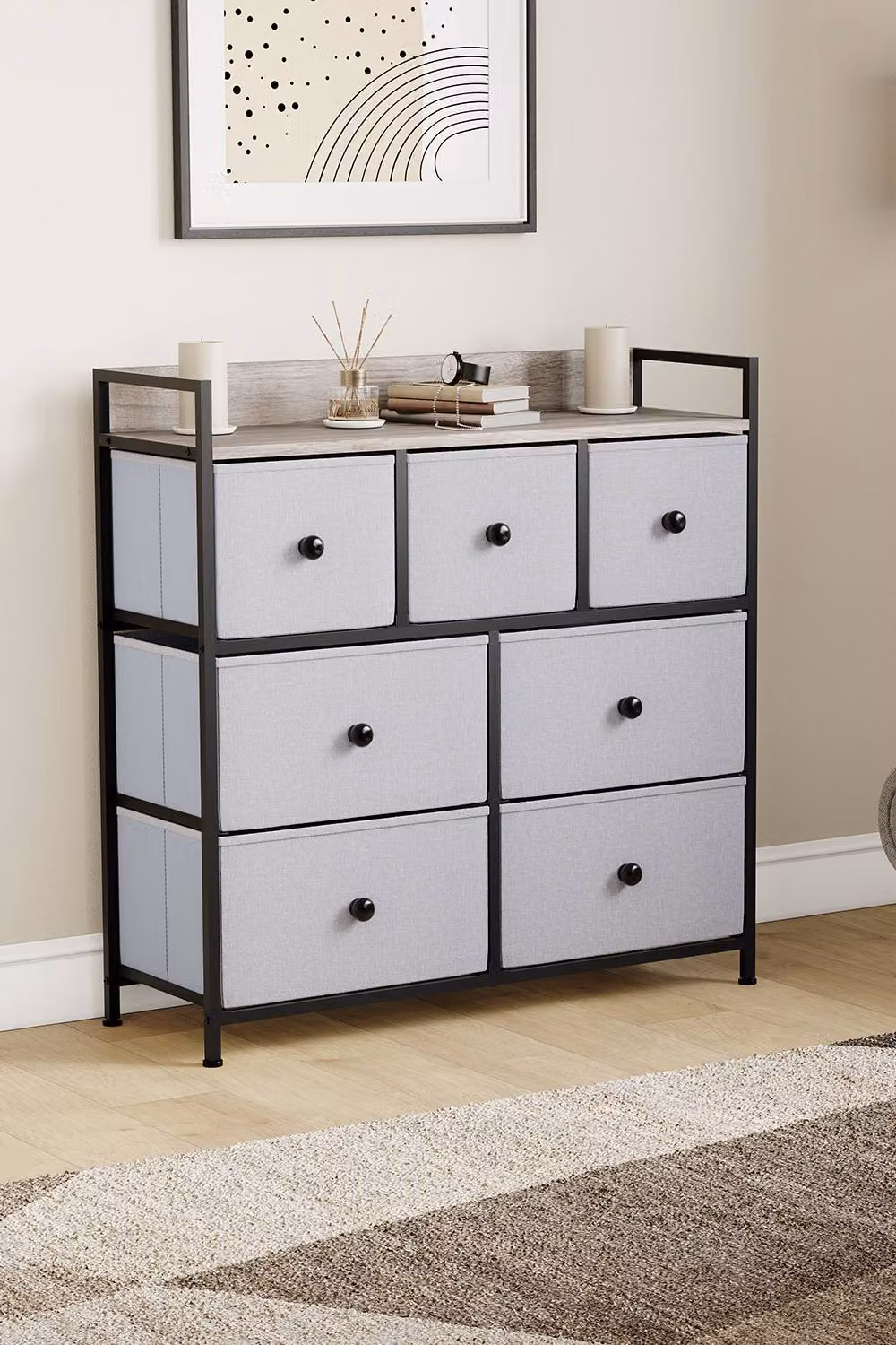 HD Designs Chorley 7 Drawer Chest of Drawers in Light Grey Fabric and Metal – 3