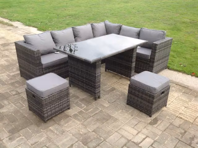 Fimous 6 Seater Outdoor Rattan Corner Sofa Set with Footstools in Dark Grey