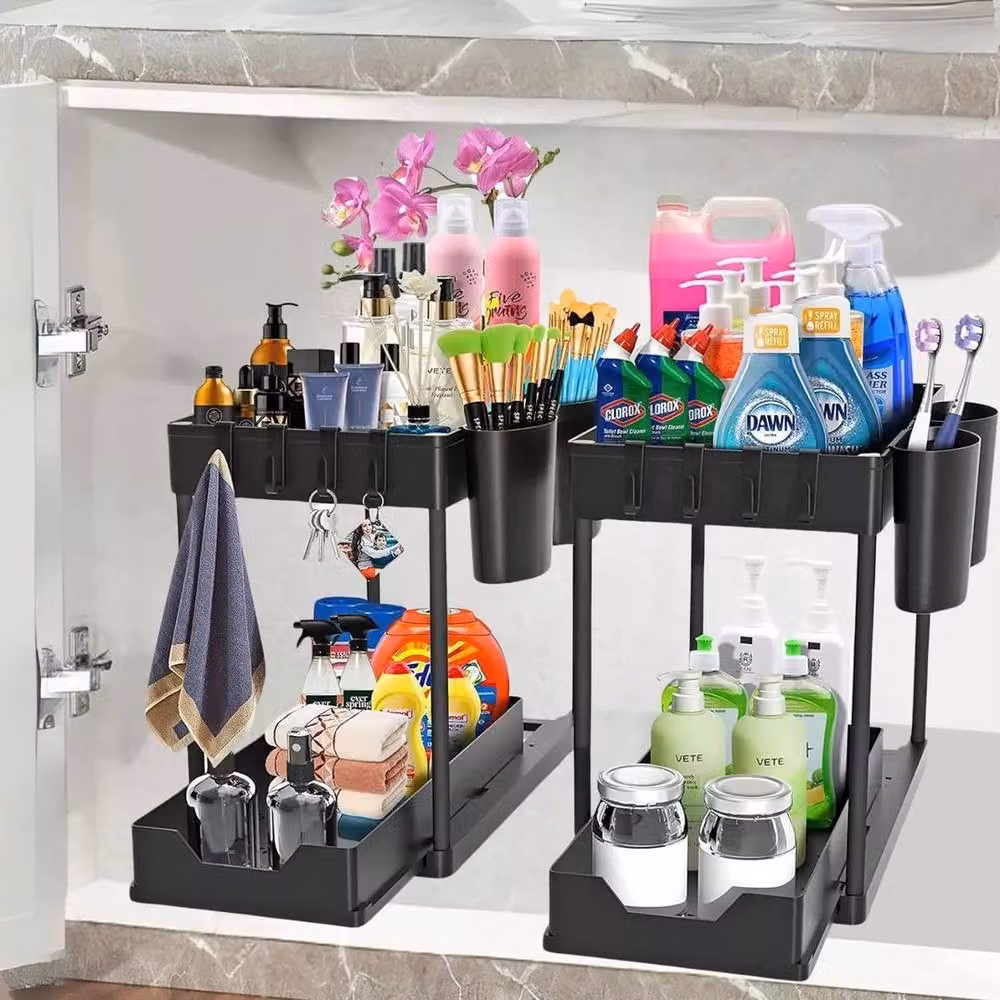 KORVIXA 2-Piece Under Sink Kitchen Cabinet Organisers and Storage in Black, W/D/H: 100 x 100 x 36 cm – 3