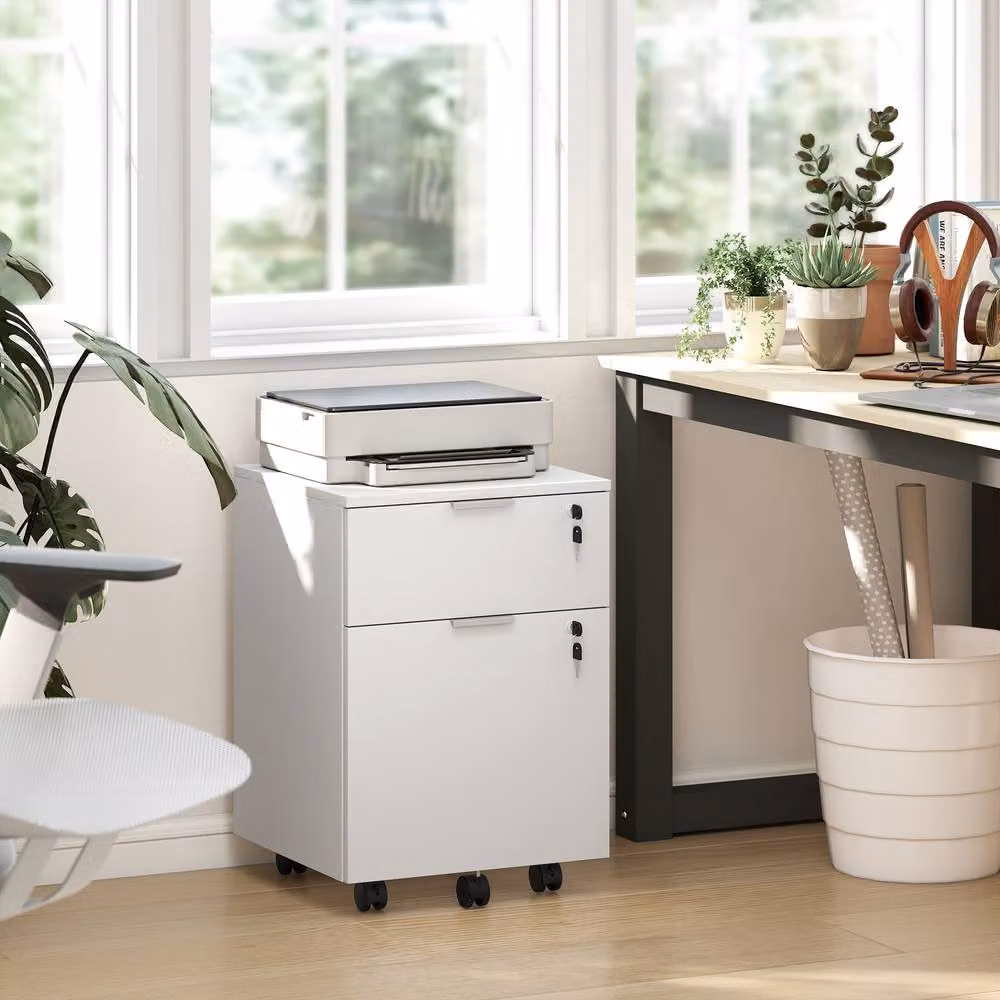 STILVORA White Lockable Filing Cabinet with 2 Drawers and Castors – 2