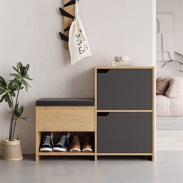 Decortie Modern Shoe Rack Storage Bench in Anthracite Grey and Black