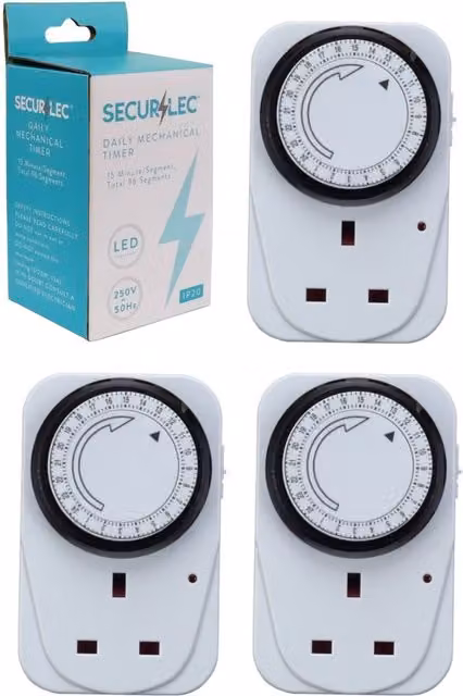 Securlec 24 Hour Daily Mechanical Timer Plug with 15 Minute Segments in White