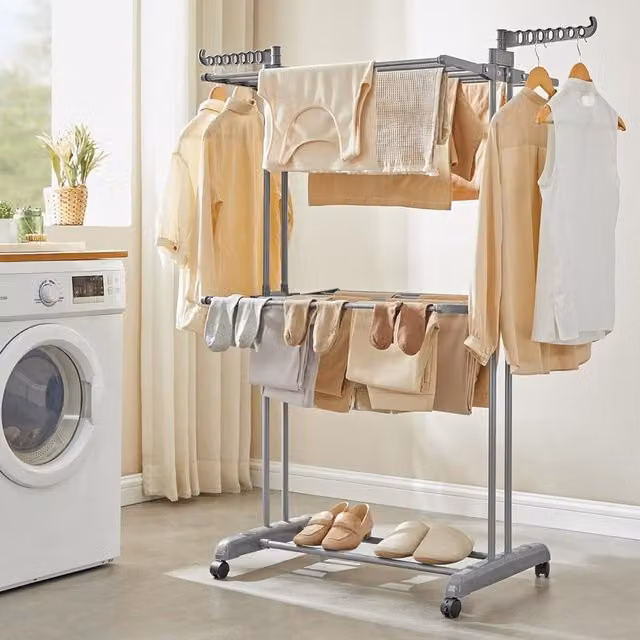 The Bazaarist 3 Tier Folding Arm Clothes Drying Rack with Wheels, Dove Grey, W: 148.0 cm, D: 128.0 cm, H: 63.5 cm