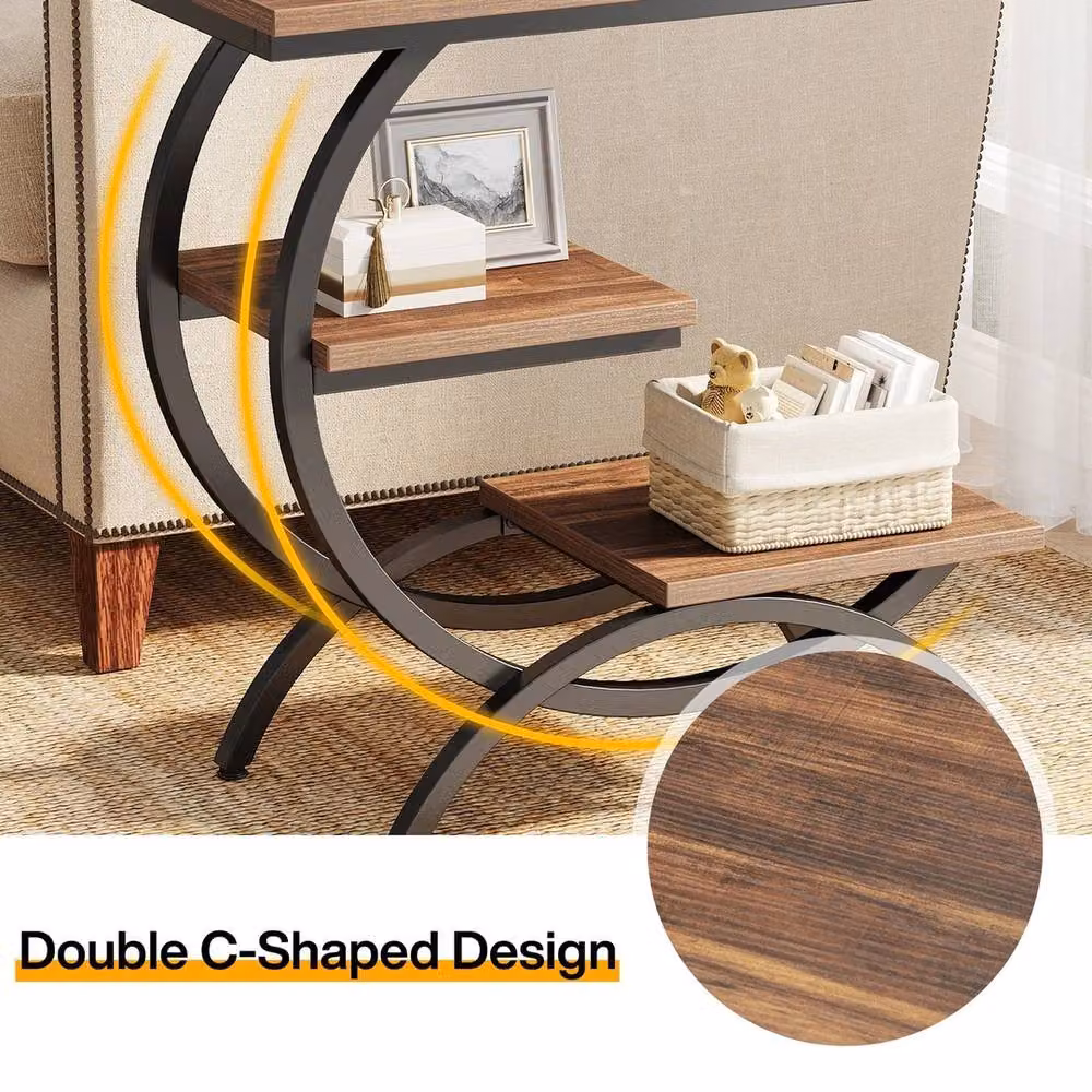 VOGREX 3 Tier Industrial Small Side Table in Brown Wood and Metal, W/D/H: 30 x 30 x 65 cm – 5