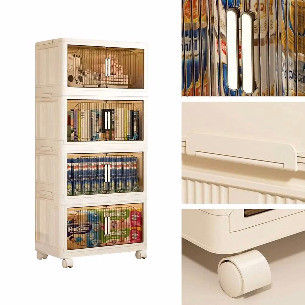 PAWNORA 4 Tier Plastic Folding Mobile Shoe Rack with Wheels in Beige W/D/H: 50 x 30 x 103 cm – 3