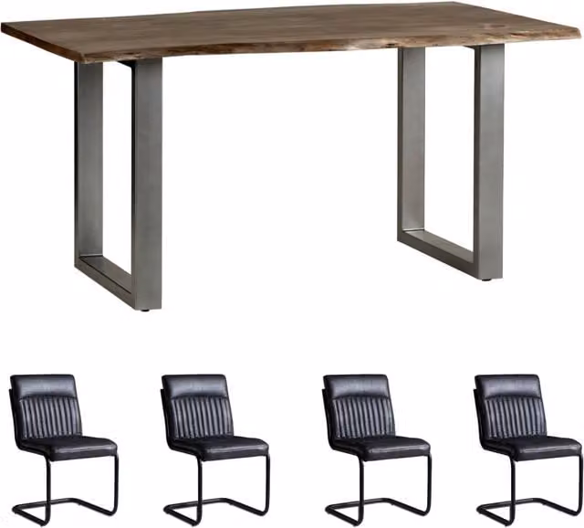 IH Design Grey Acacia Wood Rectangular Dining Table and 4 Chairs Set with Live Edge Detail