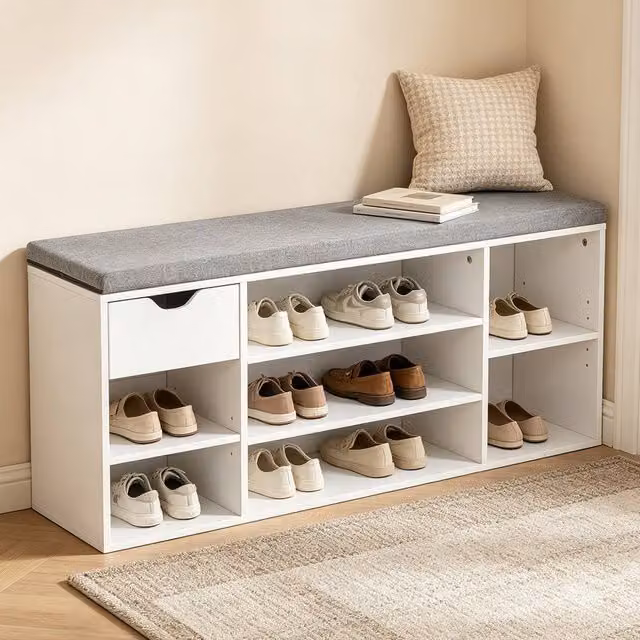 ERGOVEXA White Shoe Storage Bench with Fabric Cushion and Drawer – 1