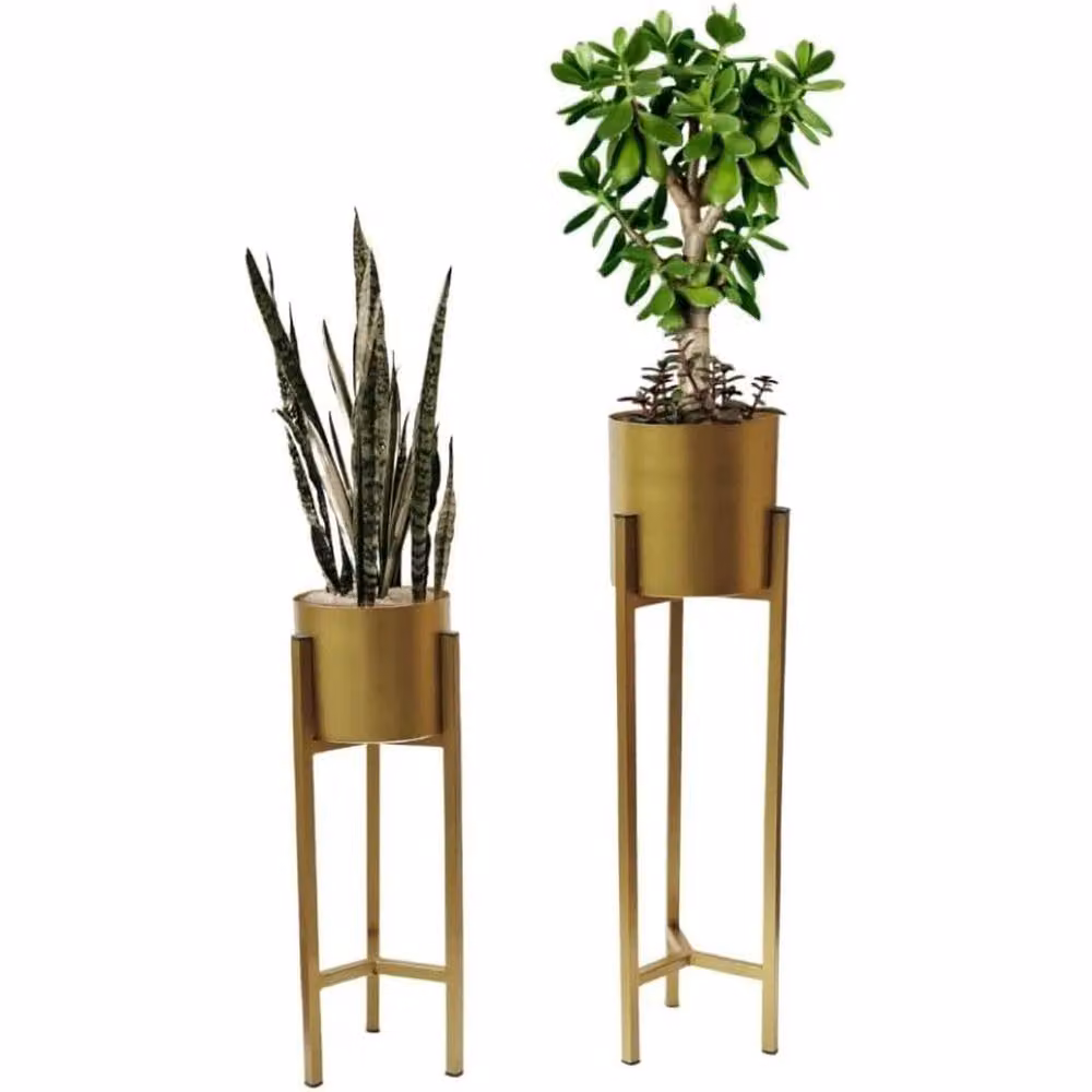 FLAVORA Set of 2 Gold Round Tabletop Planter Pots with Metal Stands – 2