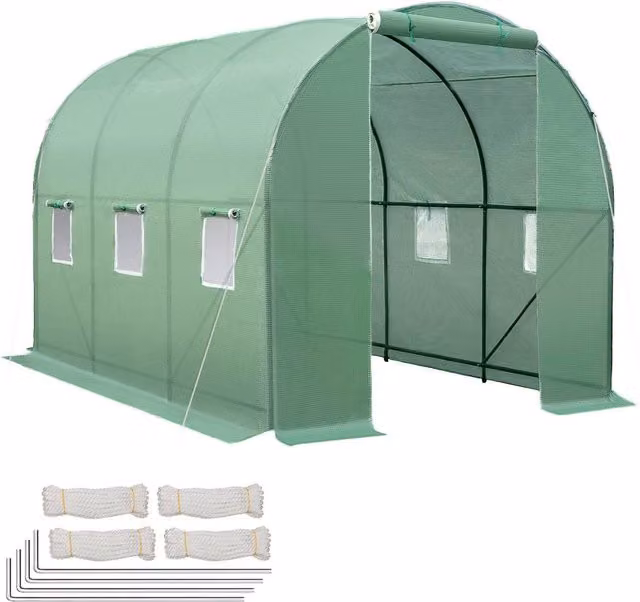 tectake Green Polytunnel Greenhouse with 6 Windows, W/D/H: 343 x 200 x 200 cm – 1