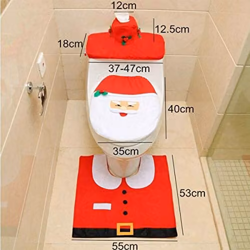 SHATCHI Christmas Santa 3-Piece Bathroom Set including Toilet Seat Cover, Tank Cover and Bath Mat, Red – 3