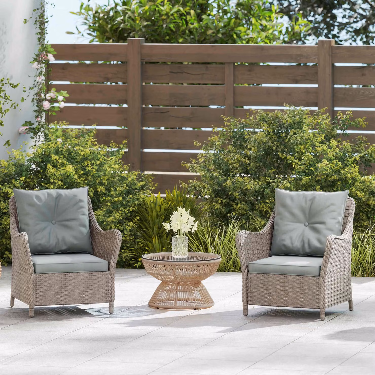 Outsunny Set of 2 Light Grey Rattan Garden Armchairs with Cushions and High Back – 6