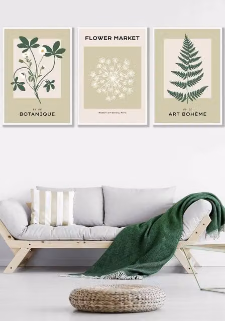 ARTZE Set of 3 Vintage Botanical Green Floral Wall Art with White Frames, W: 45 cm, H: 62 cm, D: 2 cm