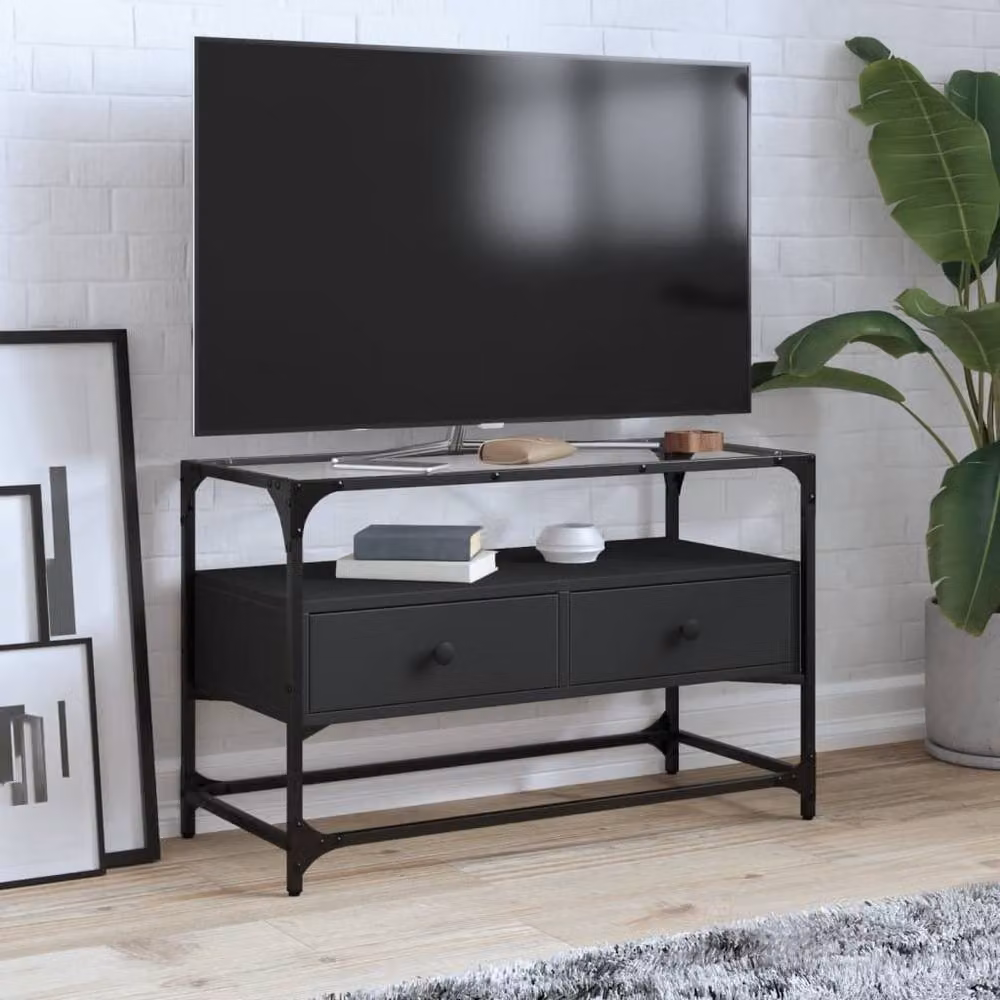 Berkfield Home Black TV Cabinet with Glass Top and Engineered Wood, W/D/H: 80 x 35 x 51 cm – 2