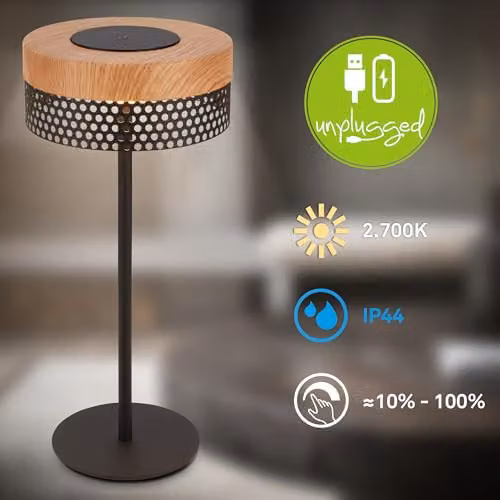 Briloner Rechargeable LED Table Lamp with Touch Dimming, IP44 Waterproof, Black and Wood, H 35 cm x W 16 cm x D 16 cm – 2