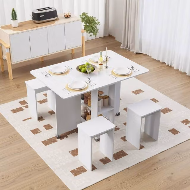 KORVIXA White Glossy Folding Rectangular Dining Table and 4 Chairs Set, W: 100 cm, D: 80 cm, H: 75 cm