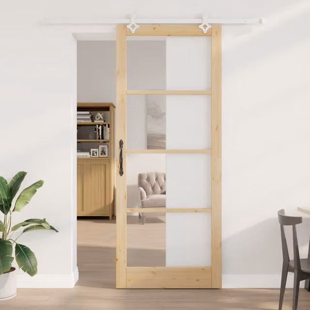 Berkfield Home Minimalist Sliding Door with Hardware Set, Solid Wood and Glass, Beige, W: 93 cm, H: 232 cm – 1