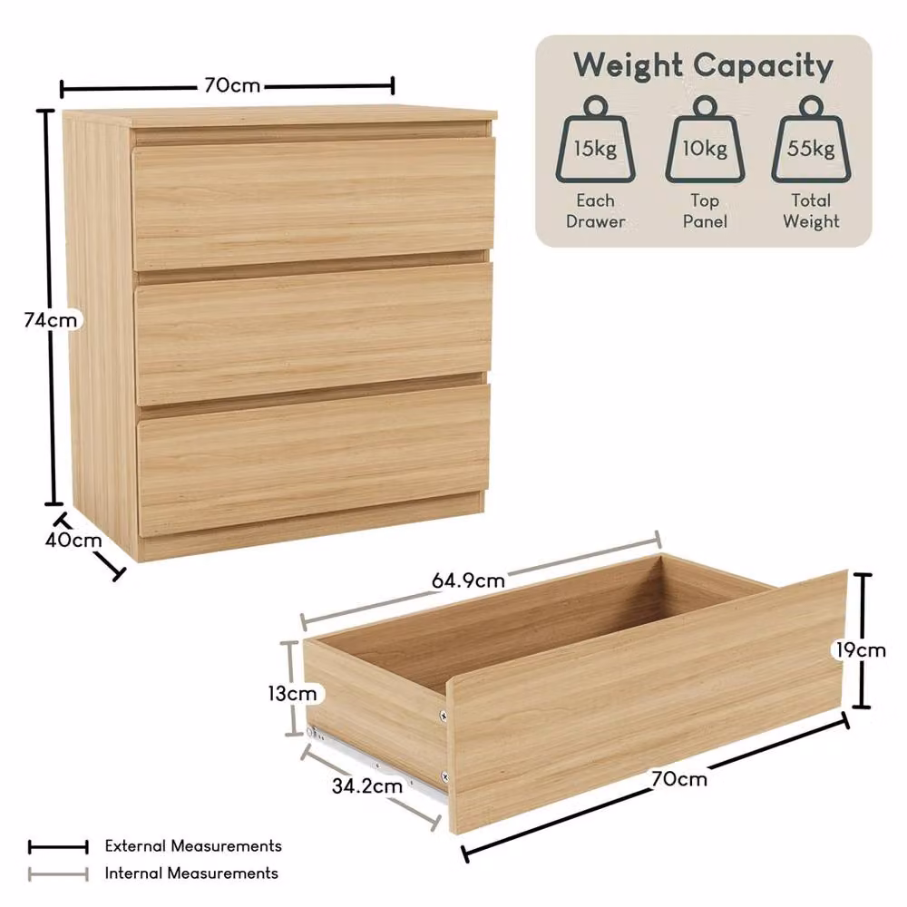 NESTLUNE Pine 3 Drawer Chest of Drawers Storage Cabinet in Natural Sand and Brown, W: 100 cm, D: 15 cm, H: 15 cm – 2