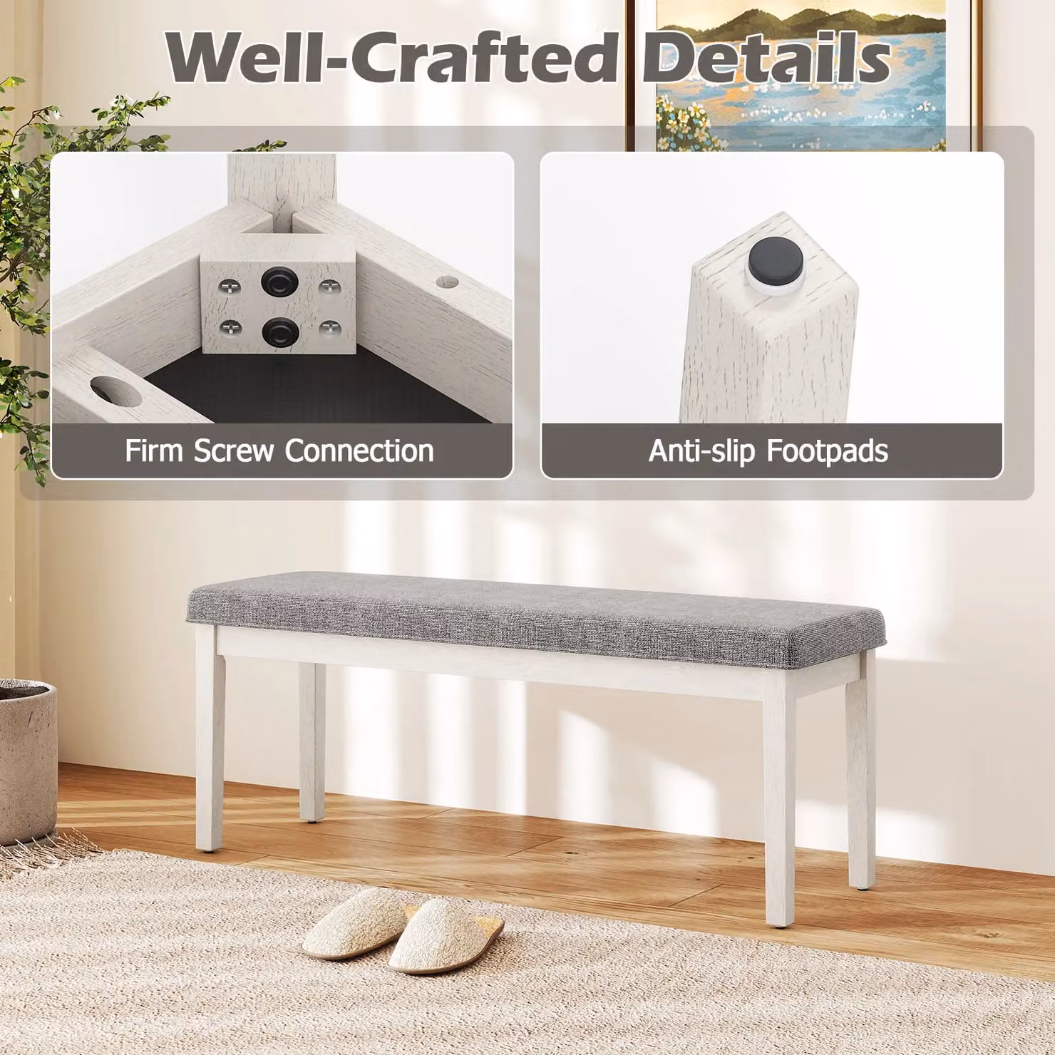 Gymax Modern Upholstered Grey Linen Dining and Shoe Bench with Rubberwood Frame – 2