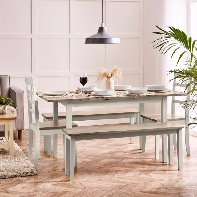 FurnitureboxUK Salcombe Extending Rectangular Dining Table in Light Grey with 2 Chairs and 2 Large Benches