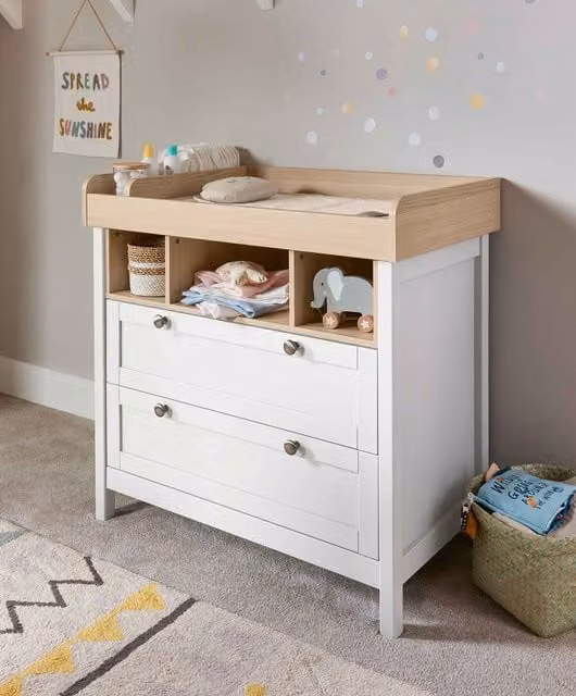 Mamas & Papas Modern White Convertible Dresser Changer with Soft Close Drawers and Integrated Storage Bins
