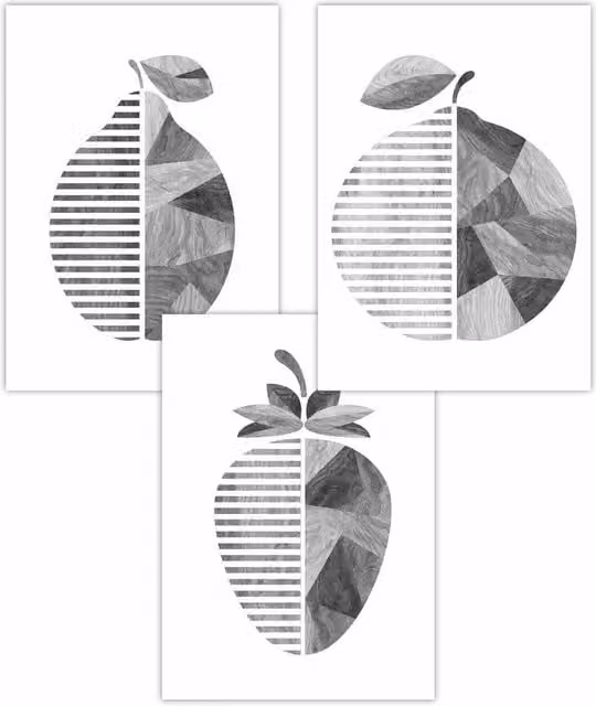 ARTZE Set of 3 Modern Geometric Abstract Fruit Art Paper Posters in Grey, W: 59 cm, H: 84 cm