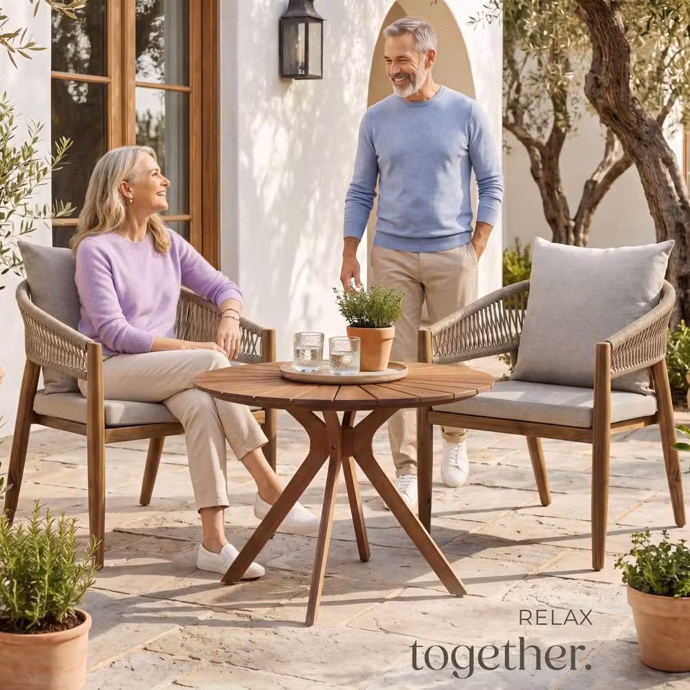 tectake 3-Piece Acacia Wood Garden Set in Sand with Round Height-Adjustable Table and 2 Chairs – 7
