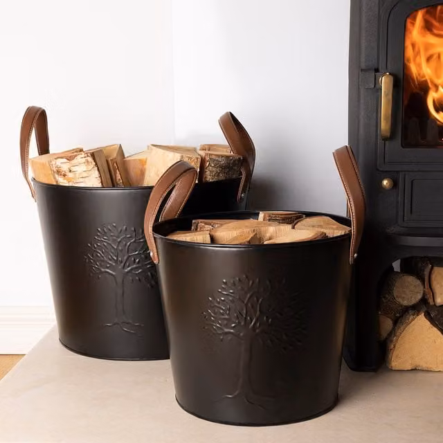 Charles Bentley Black Metal Log Bucket with Mulberry Leather Handles, Diameter: 35 cm