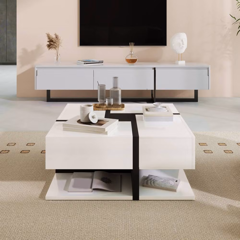 ModernLuxe Modern Square Coffee Table with 4 Drawers and Bottom Storage in White – 3