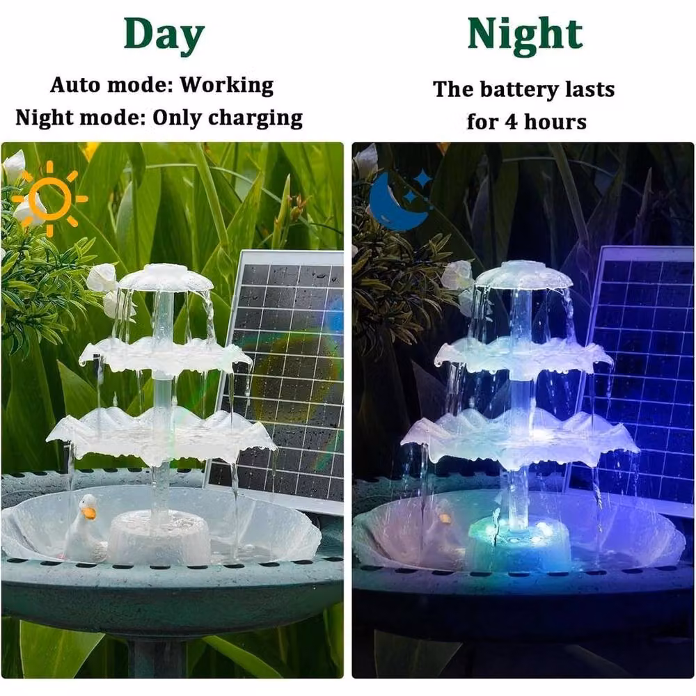 FLAVORA Solar Water Fountain 3 Tiered LED Bird Bath in White, W/D: 100 x 100 cm – 5