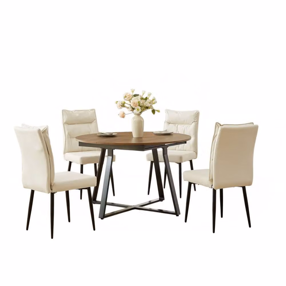 FURNITURE ONE 5-Piece Expandable Round Dining Set with 4 Upholstered Chairs in Light Beige – 3