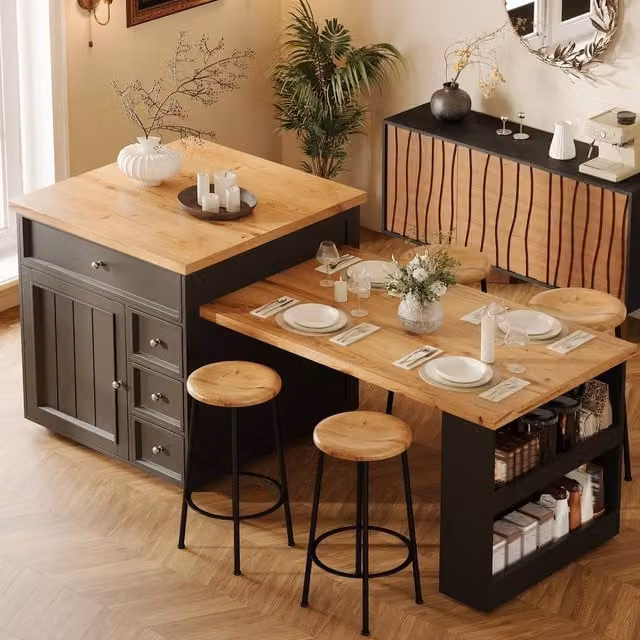 Merax Modern Extendable Kitchen Island Dining Table in Black, W/D/H: 120 x 70 x 94 cm to 184 x 70 x 94 cm – 1