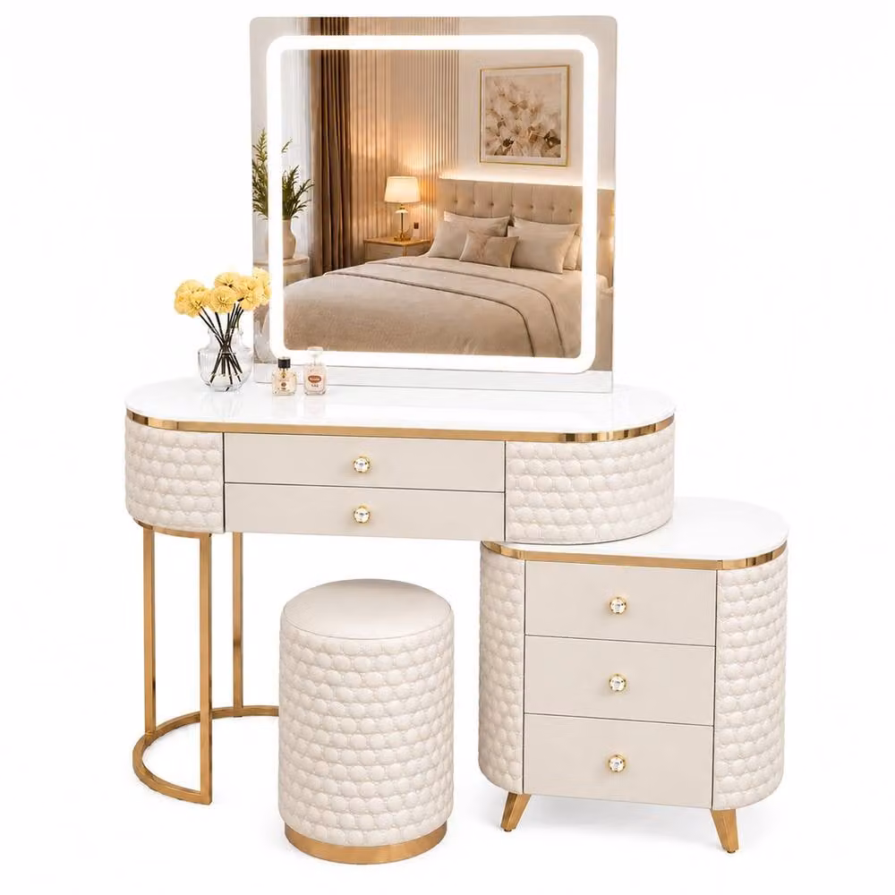 Sliding Wardrobes 4U Modern Dressing Table with LED Mirror, Stool and Storage Cabinet, Beige, W: 130 cm – 2
