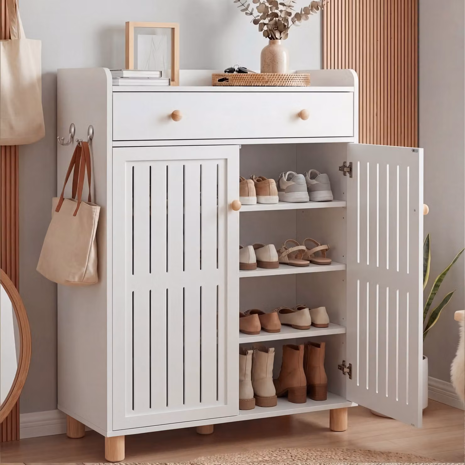 DHS Modern Freestanding Shoe Storage Cabinet with Hinged Doors and Internal Shelves, W/D/H: 75 x 36 x 97 cm