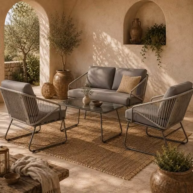 Wyld Haus Yoma Grey 4 Seater Rattan and Metal Outdoor Sofa Set