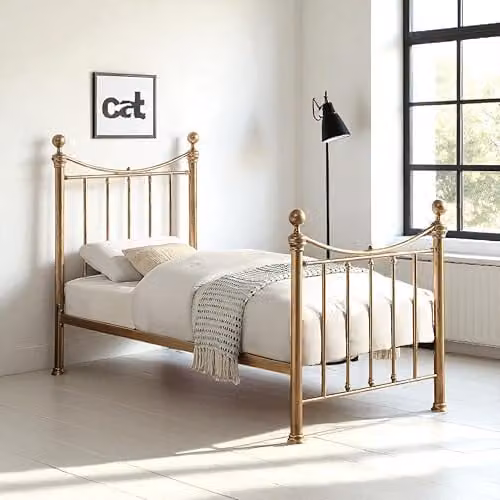 OAT Home Hampstead Victorian Metal Bed Frame in Distressed Antique Brass Effect, Single, W/D/H: 90 x 206 x 130 cm