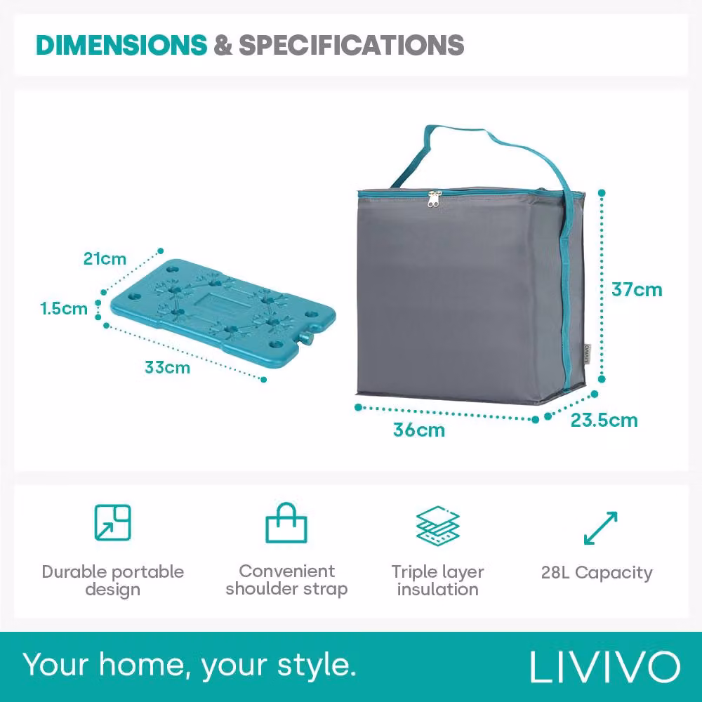 LIVIVO 28L Insulated Cooler Bag with Free Freezer Block in Grey – 5