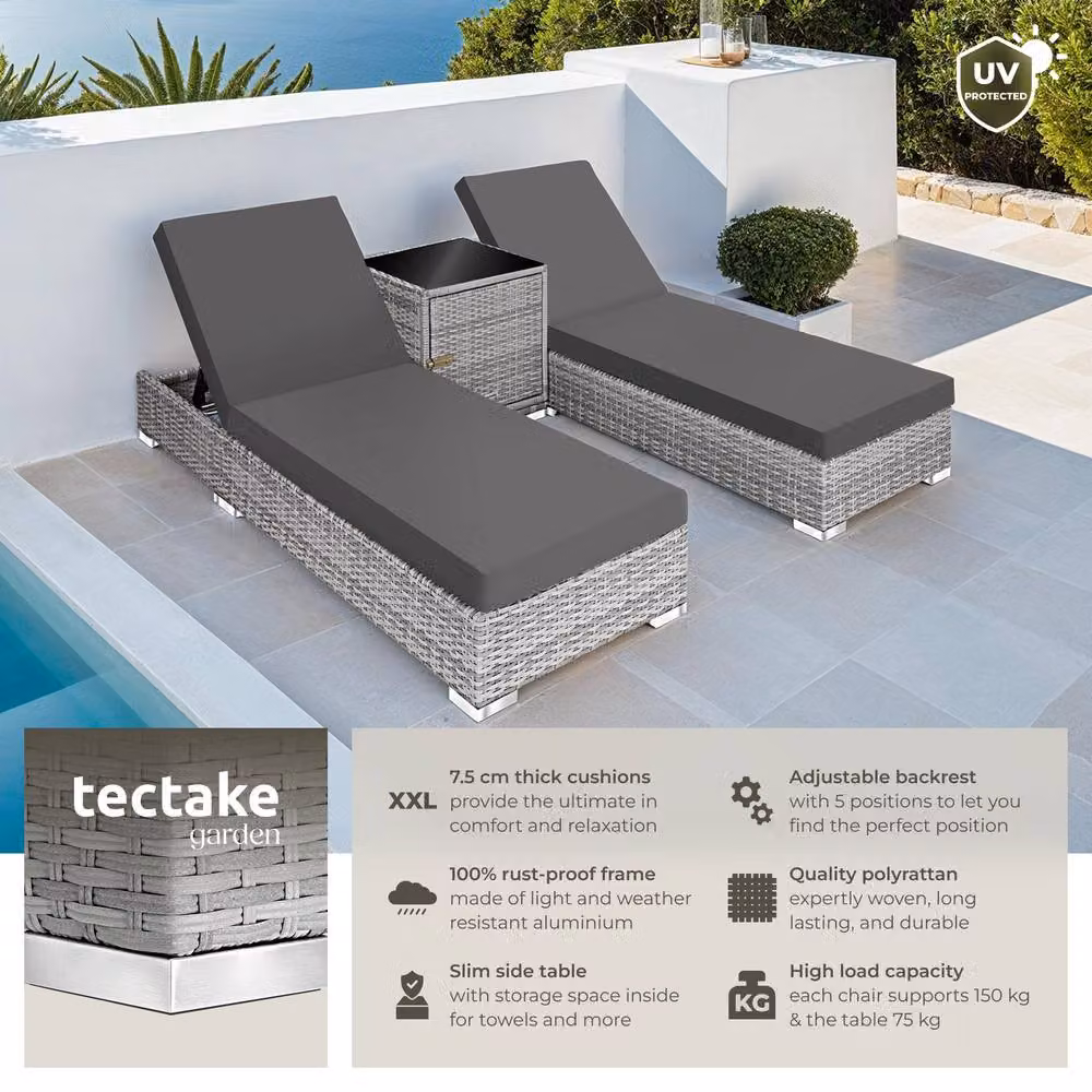tectake Nautica Set of 2 Aluminium Rattan Lounge Chairs in Light Grey with Adjustable Headrests – 2