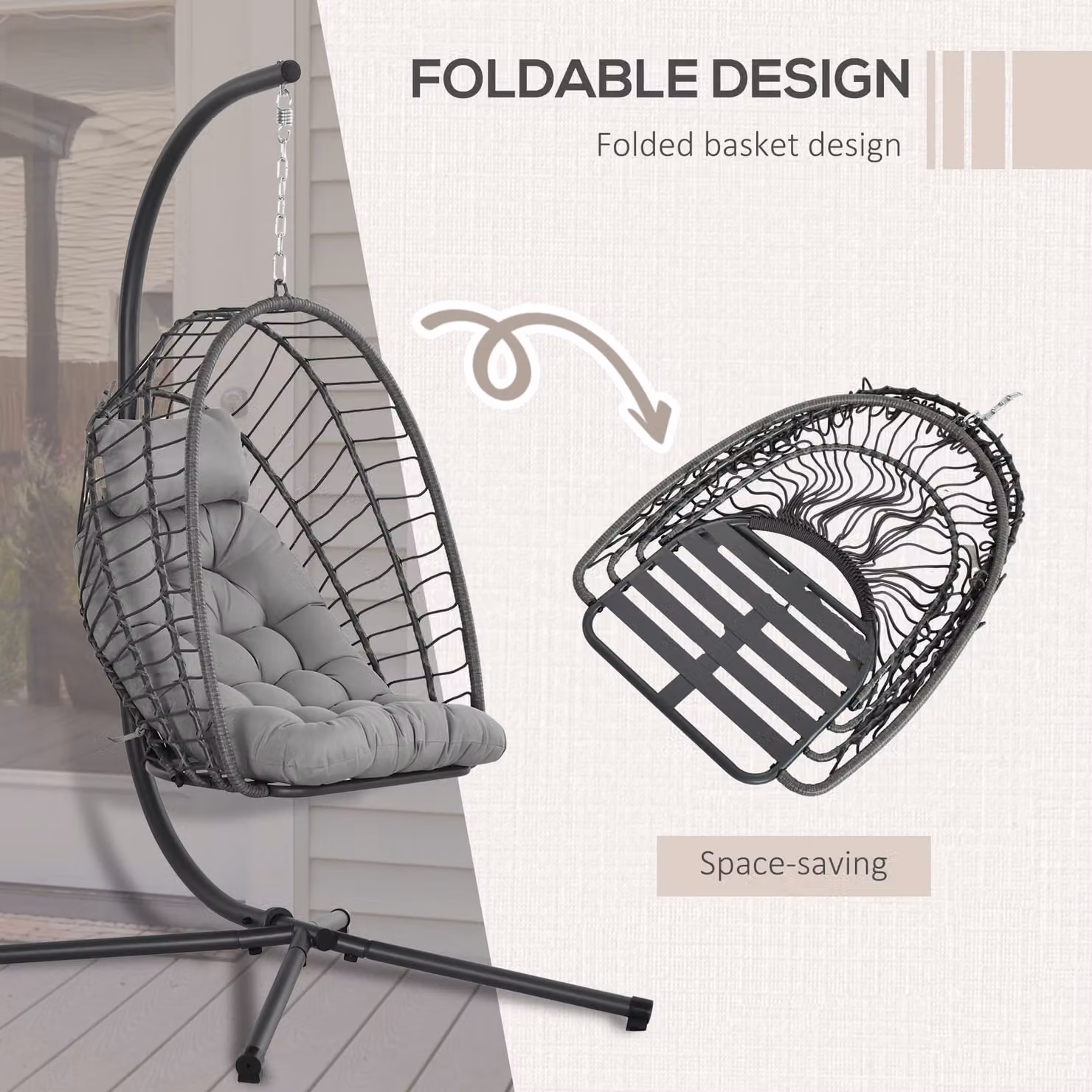 Outsunny Grey PE Rattan Egg Swing Chair with Metal Stand and Thick Padded Cushions – 3