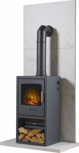 Acantha Bergen XL Stove and Tall Pipe Set with White Marble Effect Tile Hearth