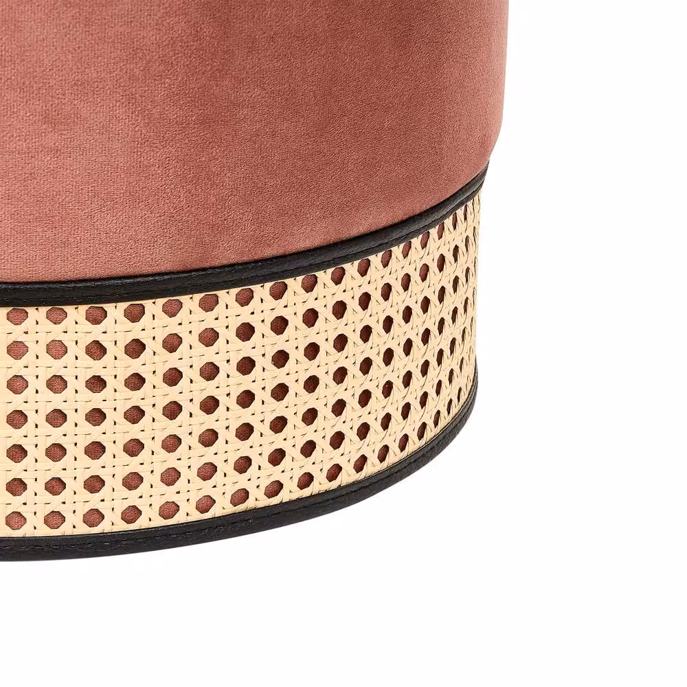 Wyld and Coco Pink Velvet Boho Round Ottoman with Natural Rattan Weave Base, W/D/H: 35 x 35 x 42 cm – 4