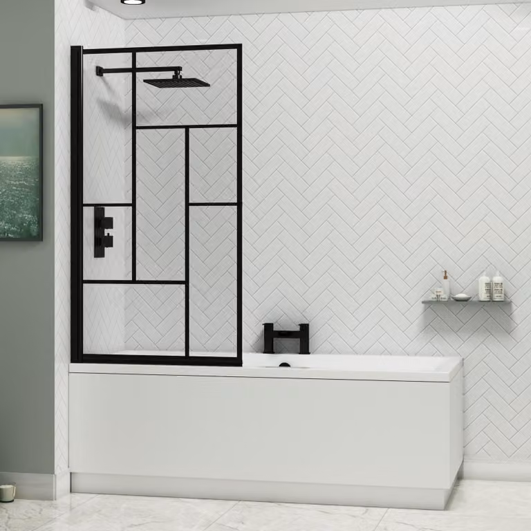 Royal Bathrooms Amaze Square Double Ended Shower Bath in White with Black Abstract Grid Screen, W: 170 cm, D: 75 cm, H: 55 cm