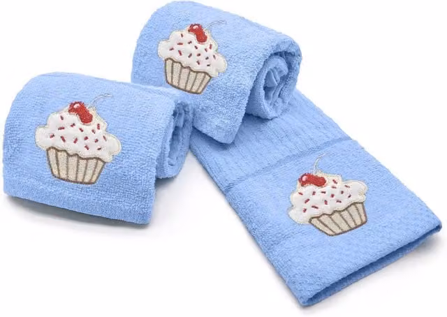 Velosso Blue Cupcakes Embroidered Cotton Tea Towel