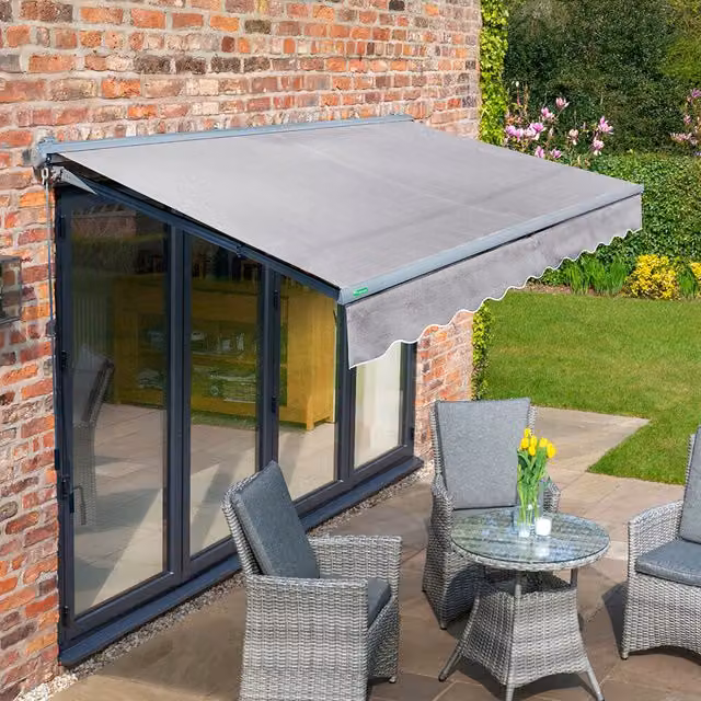 Primrose Semi Cassette Garden Patio Awning with Charcoal Aluminium Frame and Silver Fabric, 2.5m