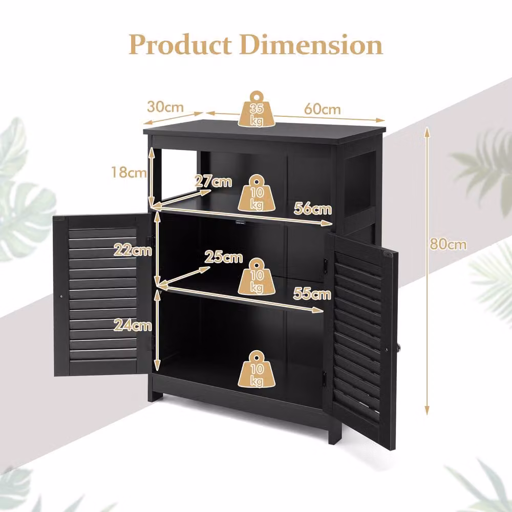 Costway Modern Black Wooden Bathroom Floor Cabinet with Adjustable Internal Shelves and Open Storage Shelf – 2