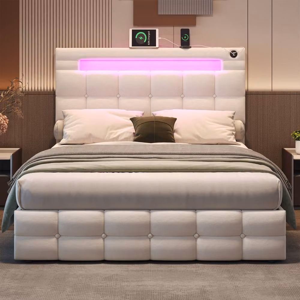 BTM Modern Velvet Double Bed in Beige with Hydraulic Storage, LED Lighting, USB Charging Ports and Bedside Shelf, W/D/H: 140 x 190 x 108 cm – 2