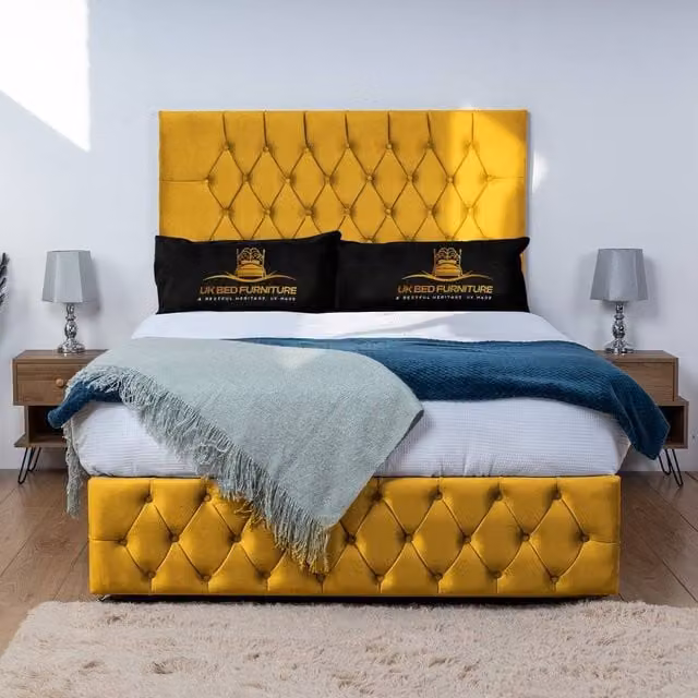 UK Bed Furniture Monaco Divan Bed Base with 26 Inch Headboard in Yellow Velvet, Single, W/D/H: 90 x 200 x 66.04 cm